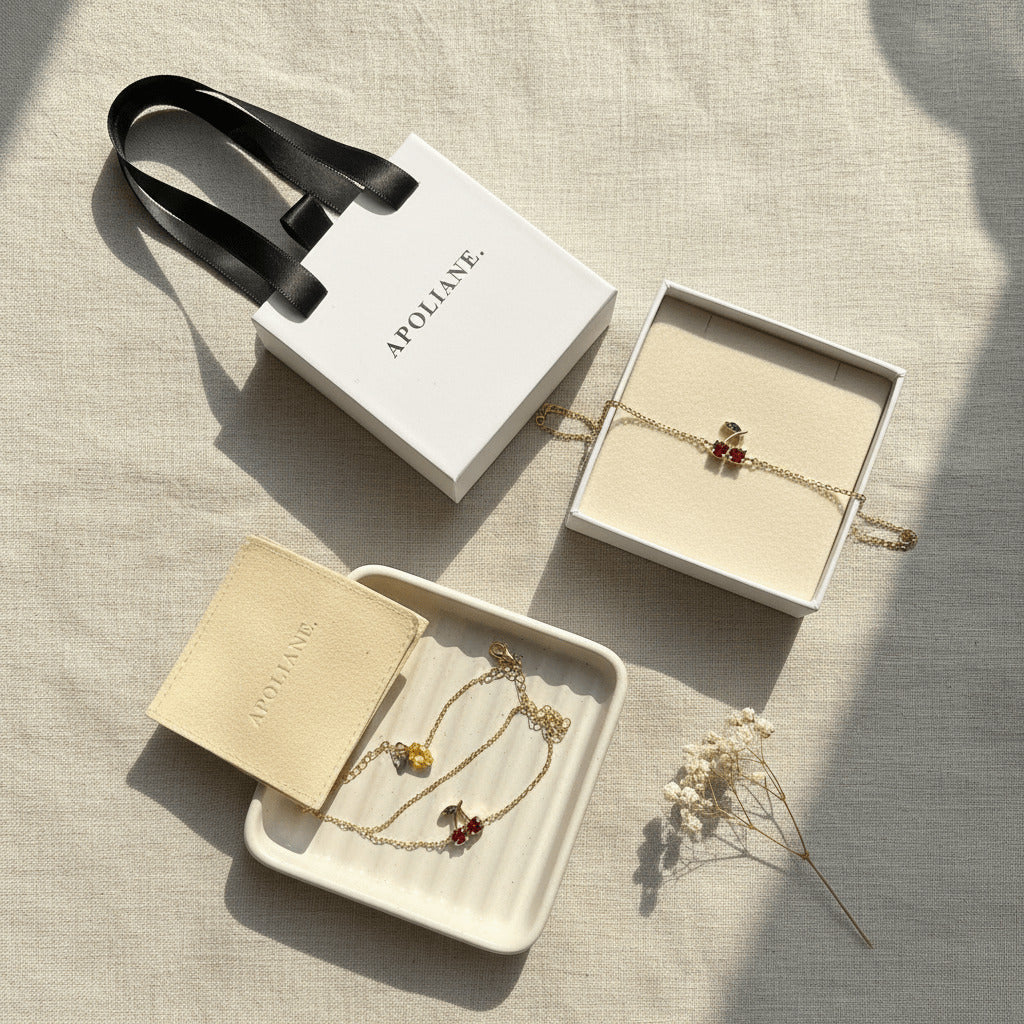 Jewelry set with bracelets on a textured surface, featuring the brand 'APOLIANE.'. Image