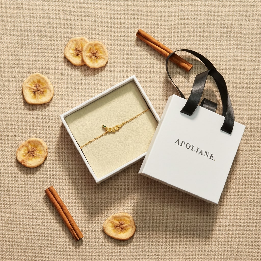 Gold bracelet in a box with 'Apoliane' packaging on a textured beige surface.