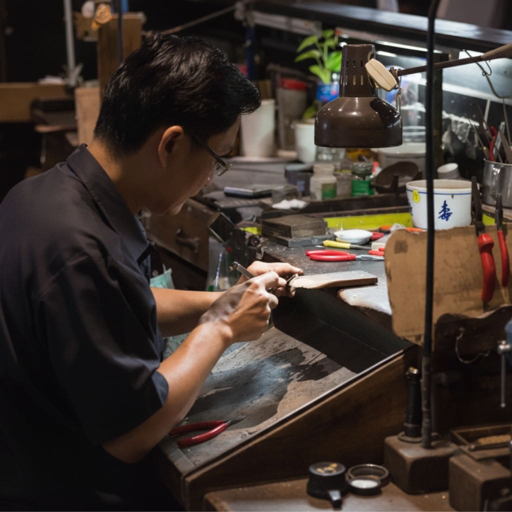 Man working on a craft project at a desk with tools and materials. Image