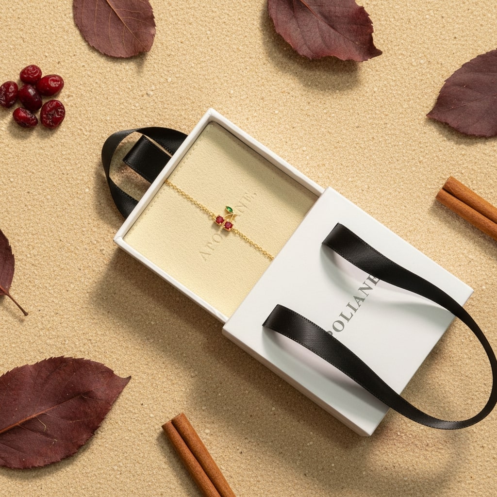Jewelry box with a necklace on a beige surface with autumn leaves and cinnamon sticks.