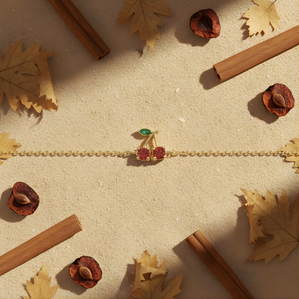 Gold bracelet with red gemstones and green accent on a textured surface with autumn leaves and cinnamon sticks.