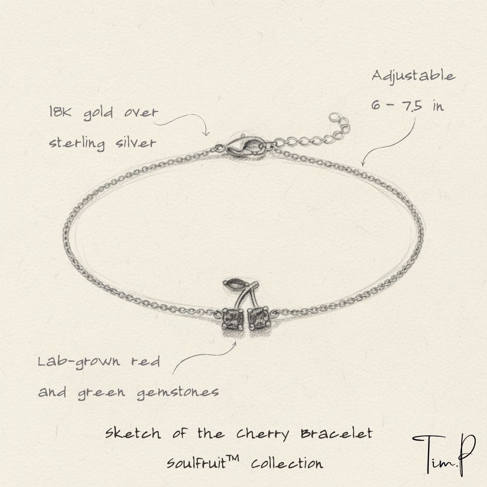 Illustration of a cherry bracelet with text detailing its features on a beige background