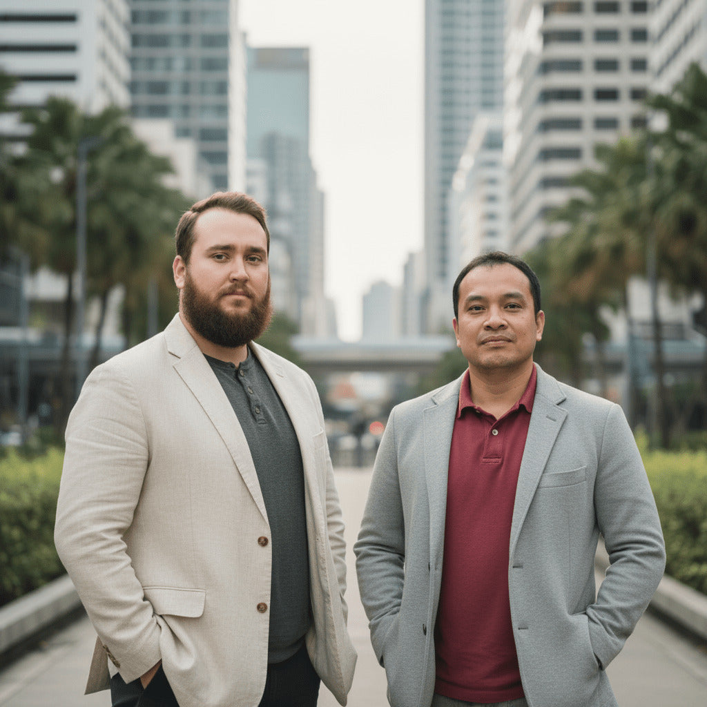 Two men standing in front of a cityscape with tall buildings and palm trees. Image