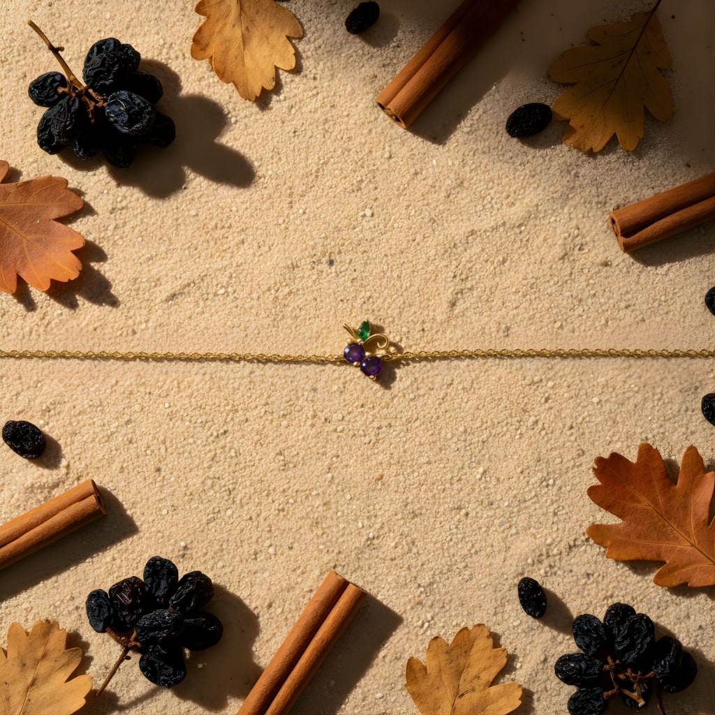 Gold bracelet with purple beads on a sandy surface with autumn leaves and cinnamon sticks.