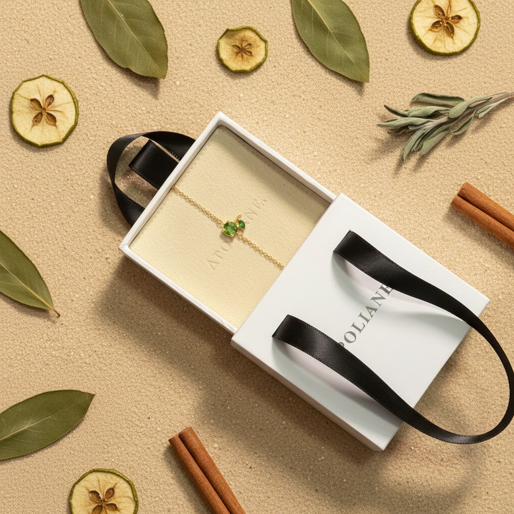 Jewelry box with a necklace on a beige surface with leaves and cinnamon sticks