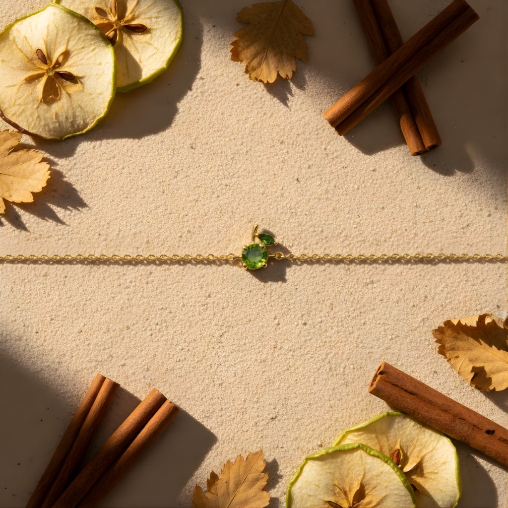 Gold bracelet with green gemstone on a beige surface with dried apples, cinnamon sticks, and leaves.