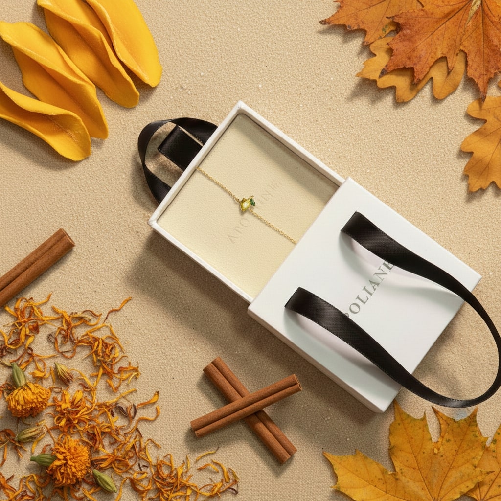 Jewelry box with a bracelet on a beige surface with autumn leaves and cinnamon sticks.