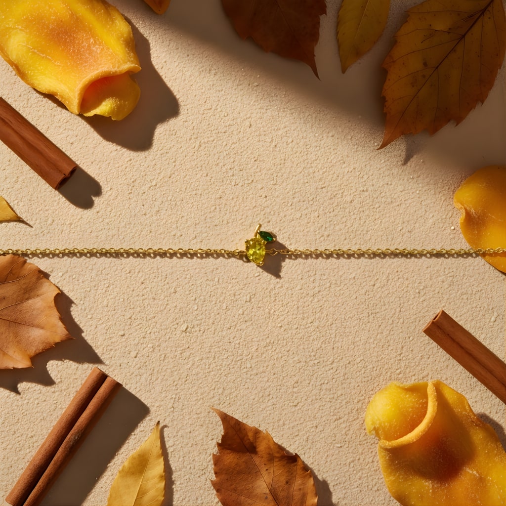 Gold bracelet with a green gemstone on a beige surface surrounded by autumn leaves and cinnamon sticks.