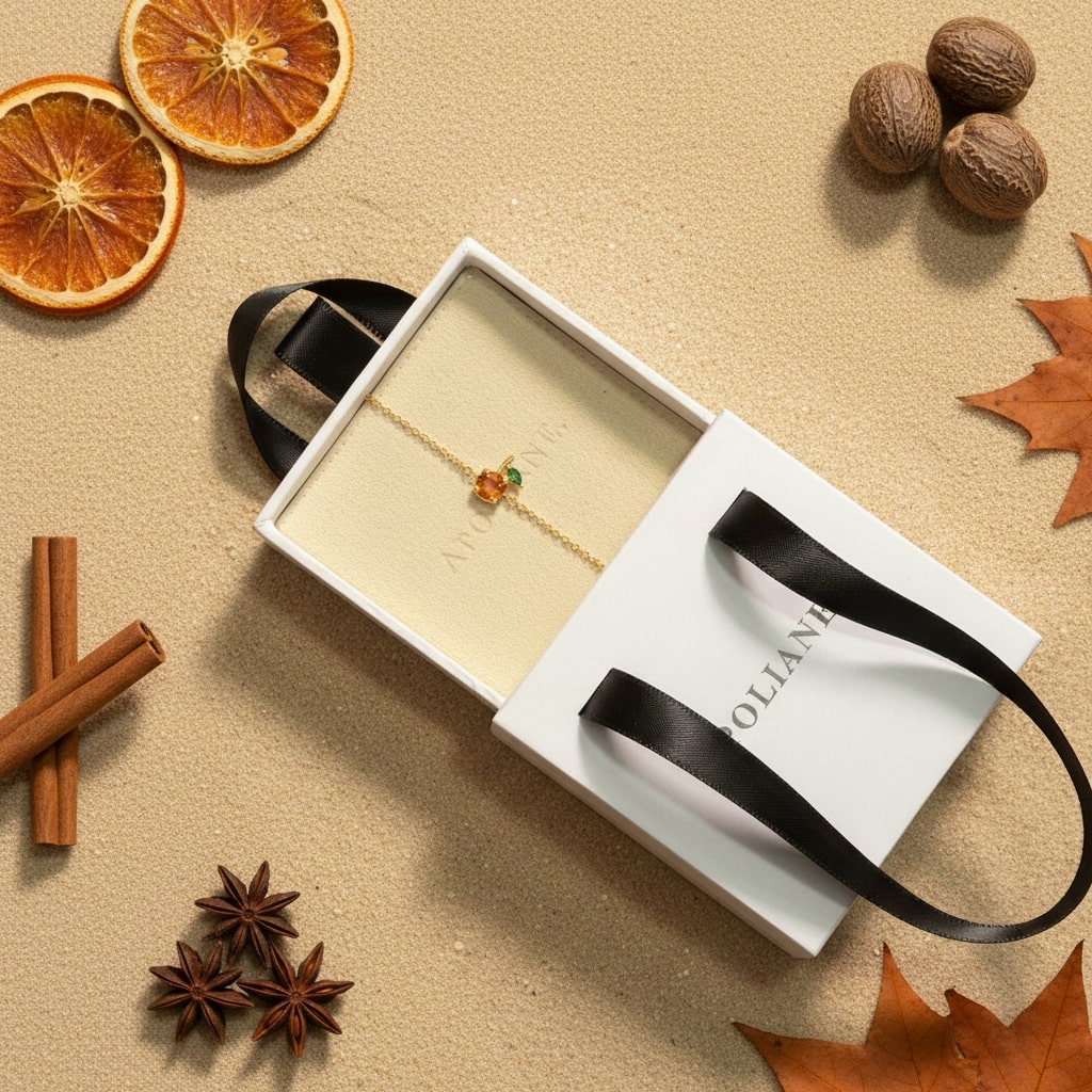 Jewelry box with a necklace on a beige surface with autumn-themed decorations.