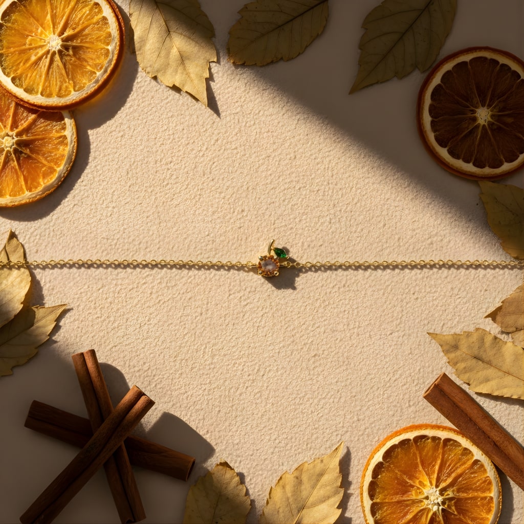Gold bracelet with a green gemstone surrounded by dried oranges, cinnamon sticks, and leaves on a beige background