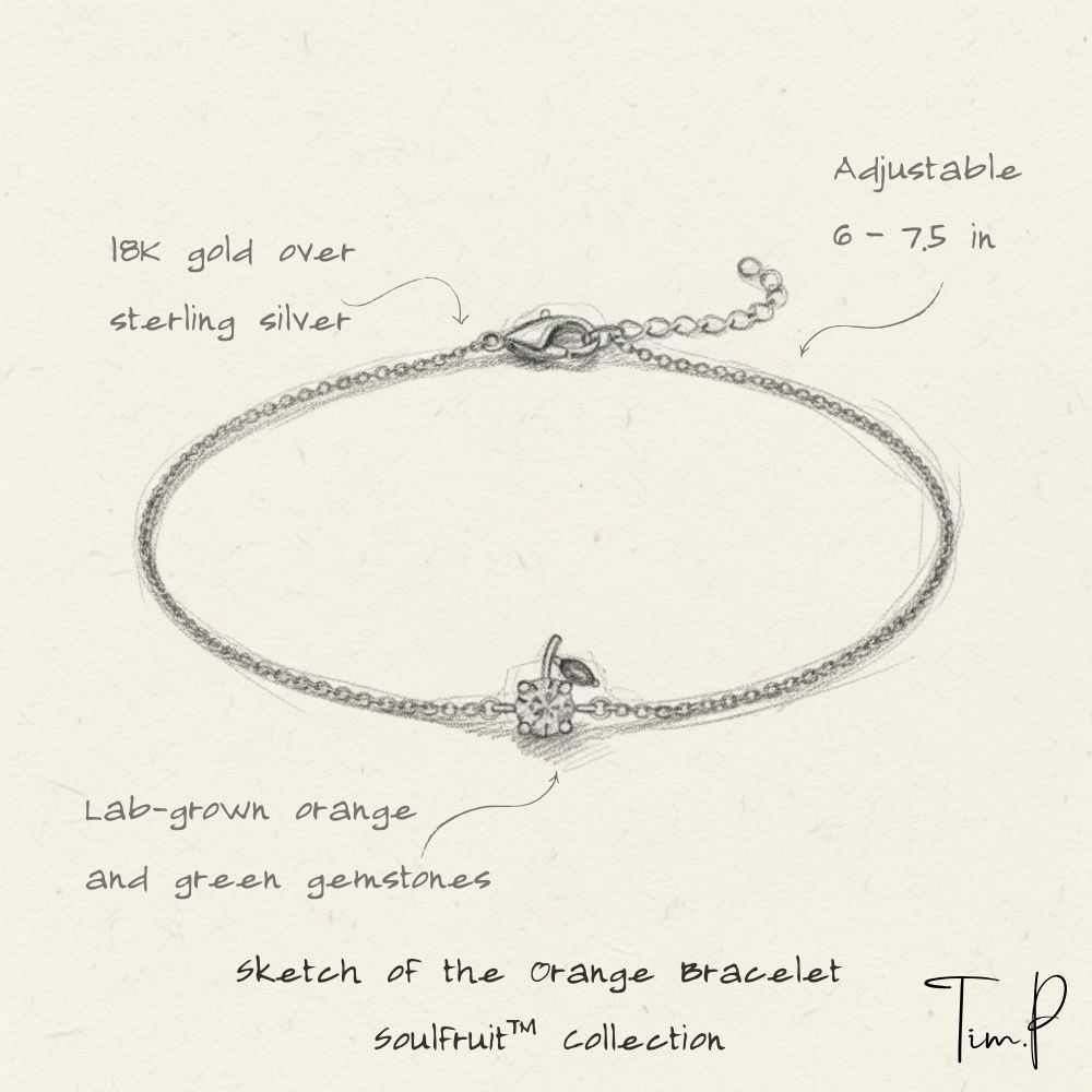 Sketch of an orange bracelet with text detailing its features on a light background