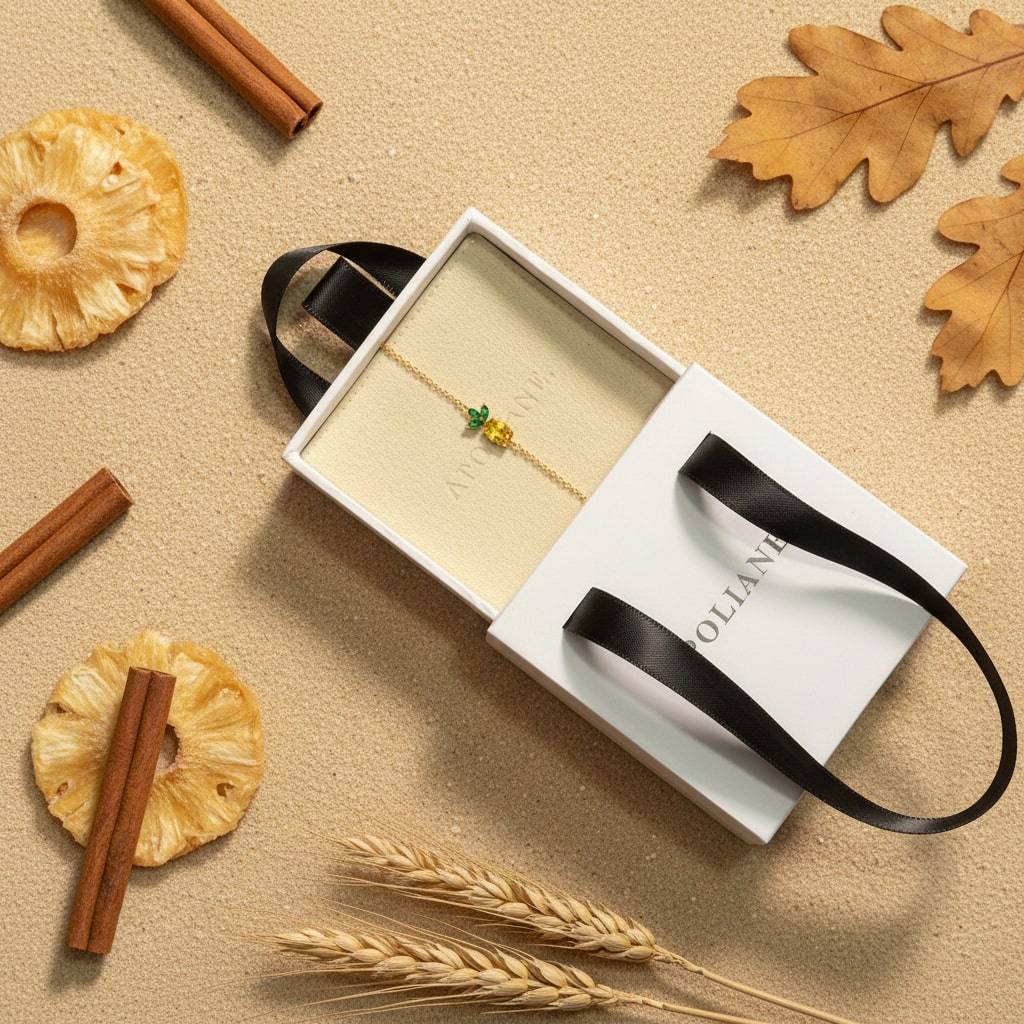 Open jewelry box with a necklace on a beige surface with autumn-themed items.