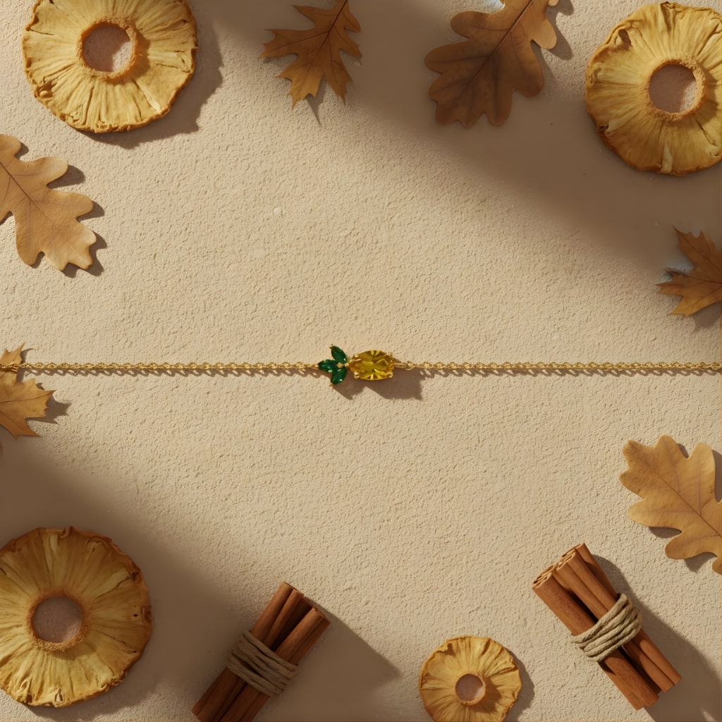 Decorative arrangement of dried pineapple slices, cinnamon sticks, and leaves on a beige background.