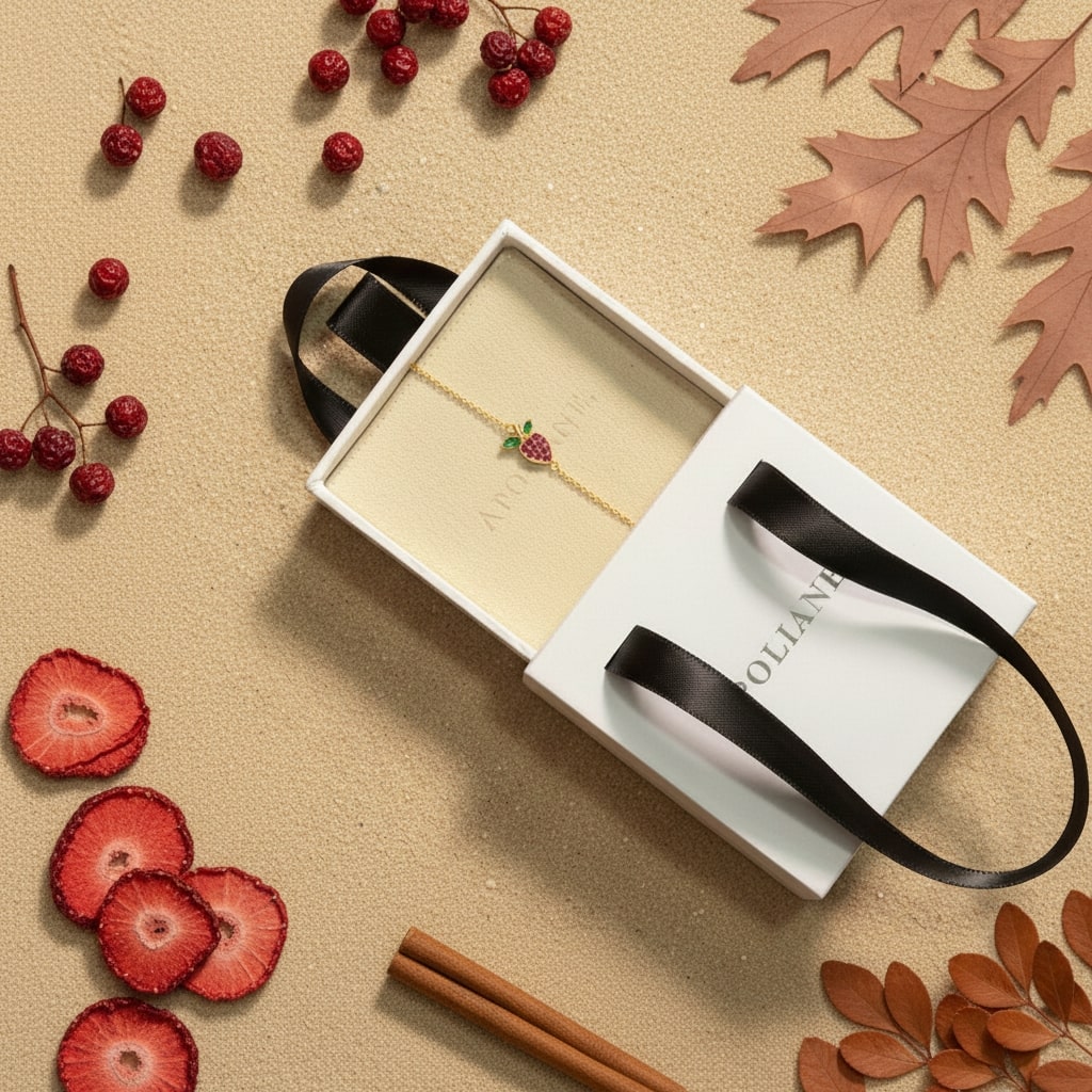 Jewelry box with a necklace featuring red berries on a beige background with dried strawberries and leaves.