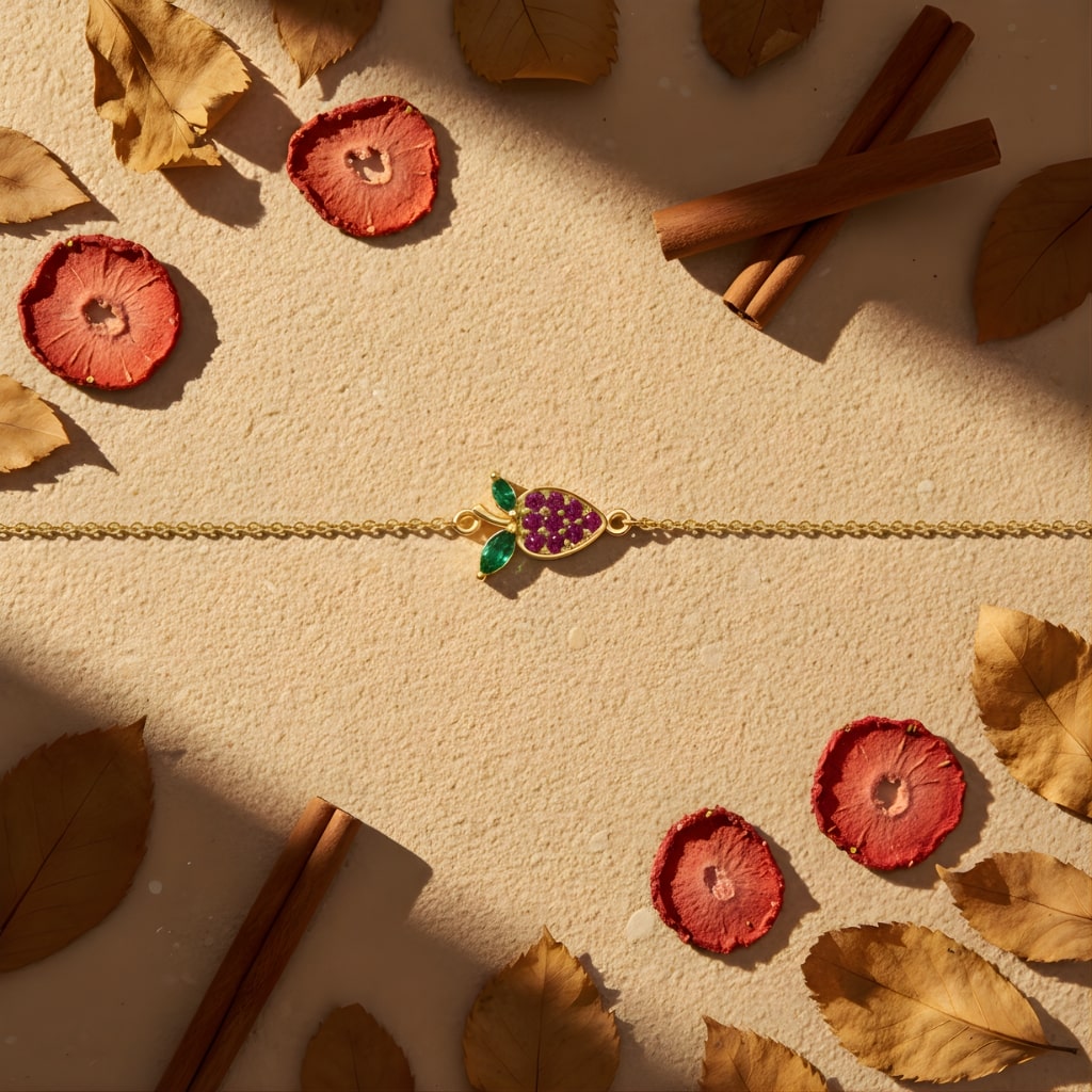 Gold bracelet with a fruit charm on a beige surface with dried flowers and cinnamon sticks.