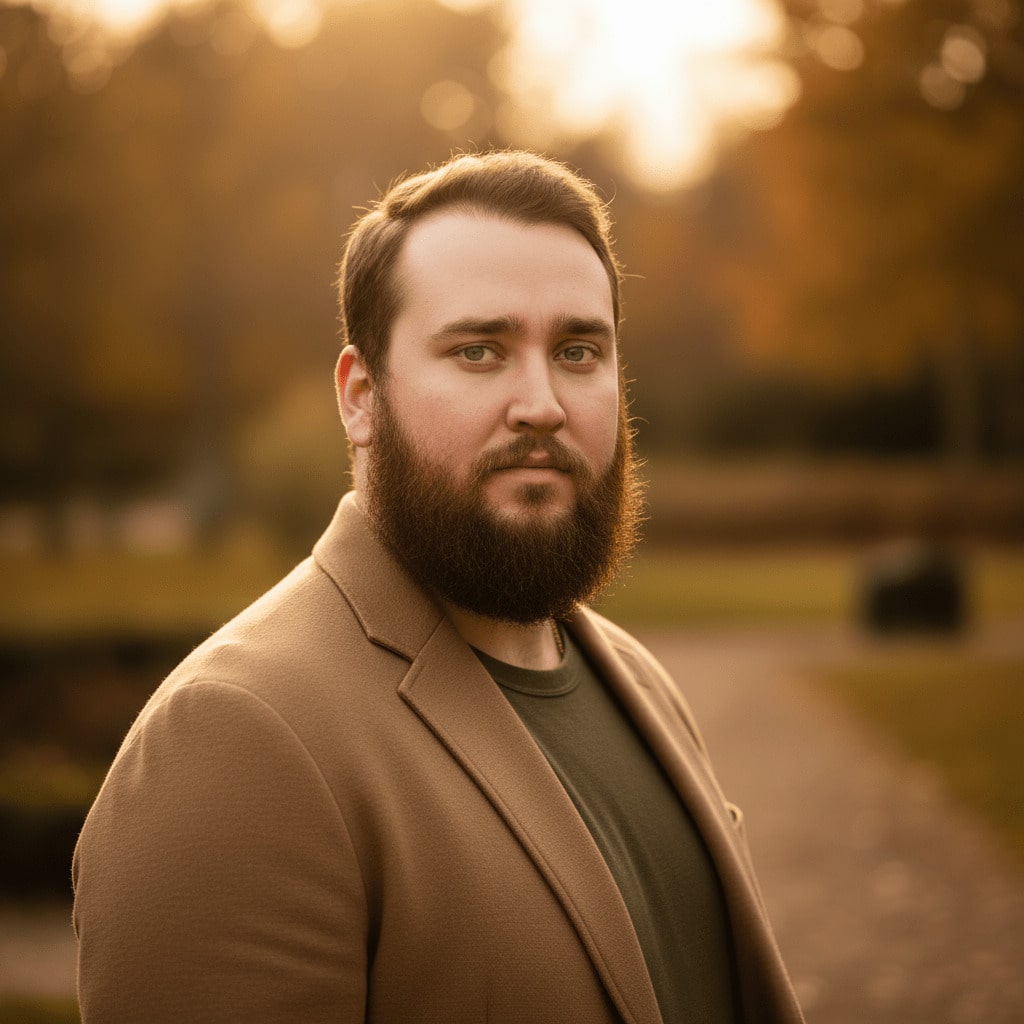 Man with a beard wearing a brown coat in an outdoor setting with blurred background Image